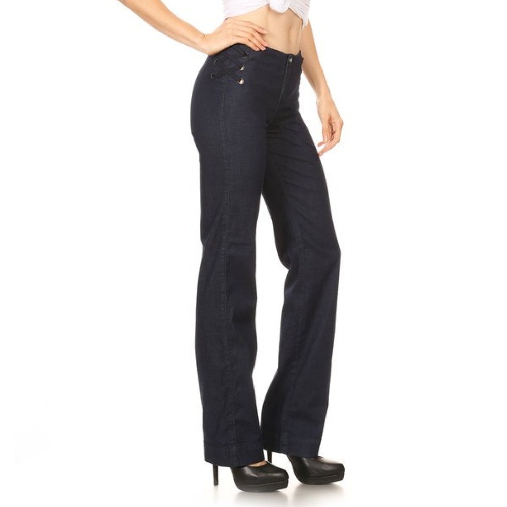Dark Blue Chambray Jeans Wide Leg Pants
